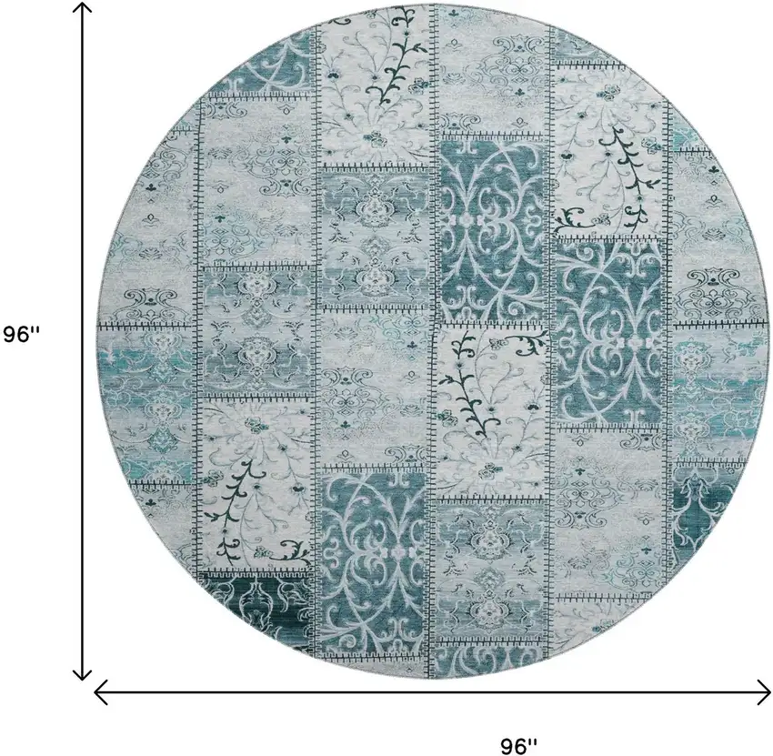 8' Teal And Ivory Patchwork Washable Round Rug With UV Protection Photo 9