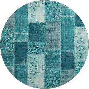 Photo of 8' Teal And Ivory Patchwork Washable Round Rug With UV Protection