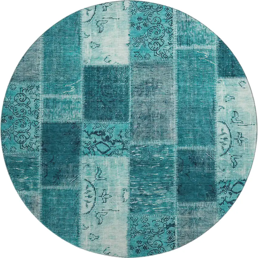 8' Teal And Ivory Patchwork Washable Round Rug With UV Protection Photo 1
