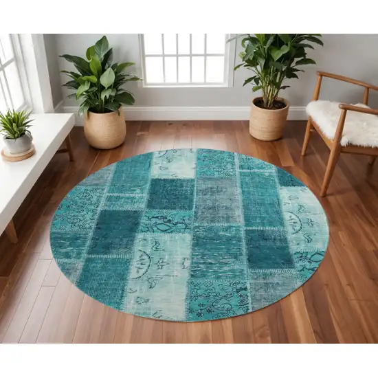 8' Teal And Ivory Patchwork Washable Round Rug With UV Protection Photo 2