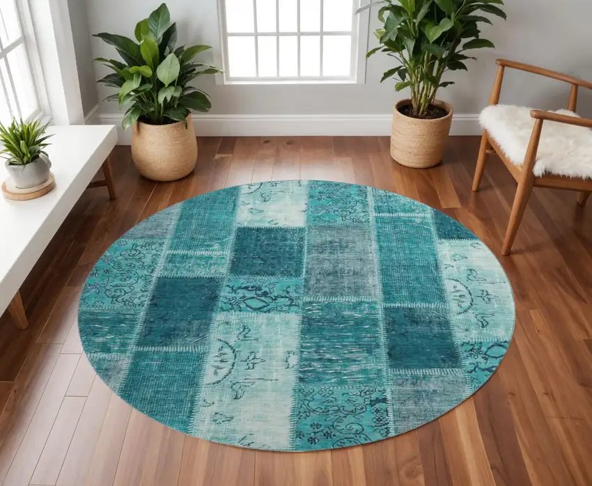 8' Teal And Ivory Patchwork Washable Round Rug With UV Protection Photo 2