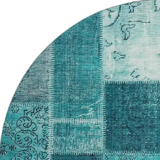 8' Teal And Ivory Patchwork Washable Round Rug With UV Protection Photo 3