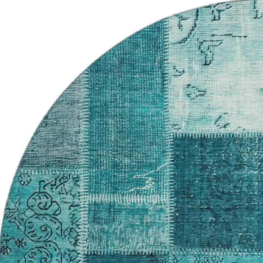 8' Teal And Ivory Patchwork Washable Round Rug With UV Protection Photo 3