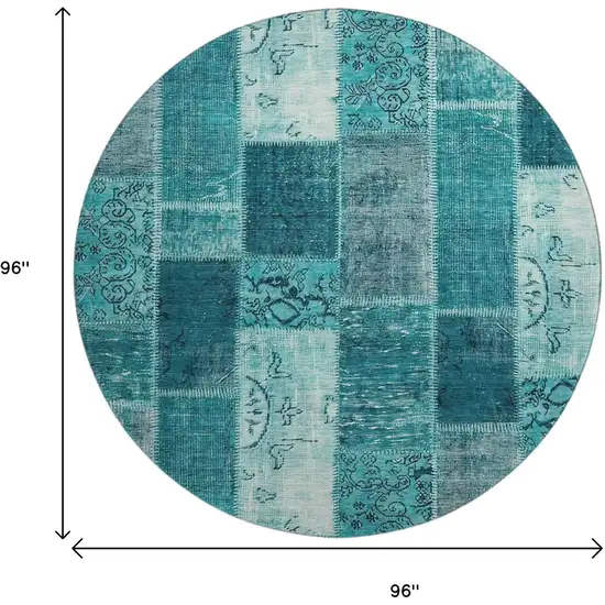 8' Teal And Ivory Patchwork Washable Round Rug With UV Protection Photo 3