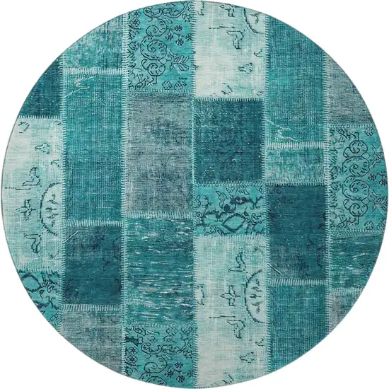 8' Teal And Ivory Patchwork Washable Round Rug With UV Protection Photo 4