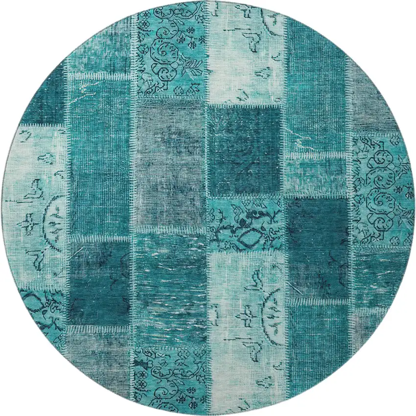 8' Teal And Ivory Patchwork Washable Round Rug With UV Protection Photo 4