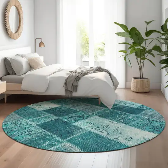 8' Teal And Ivory Patchwork Washable Round Rug With UV Protection Photo 5
