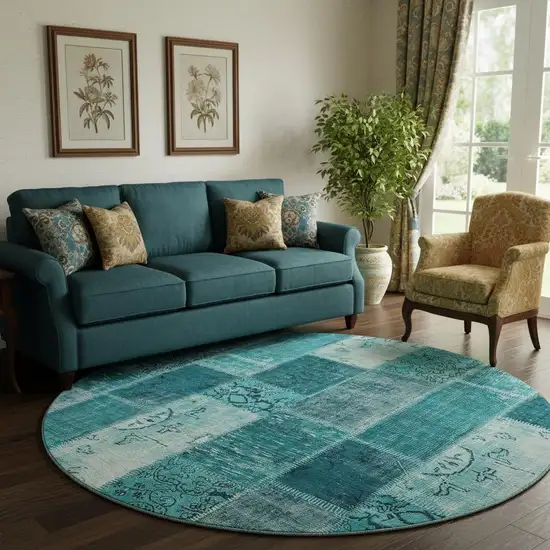 8' Teal And Ivory Patchwork Washable Round Rug With UV Protection Photo 1