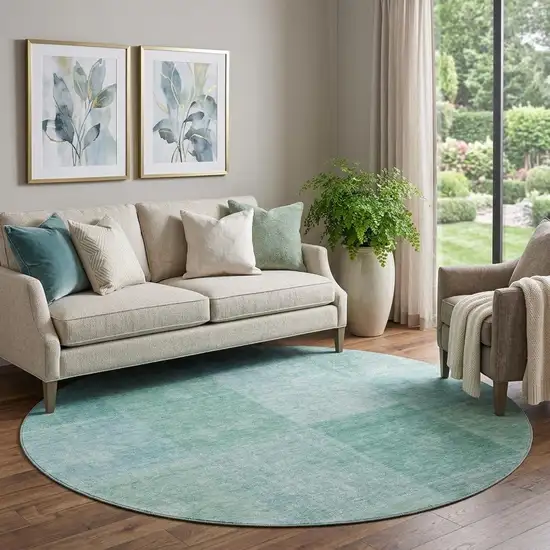 8' Teal And Ivory Patchwork Washable Round Rug With UV Protection Photo 1