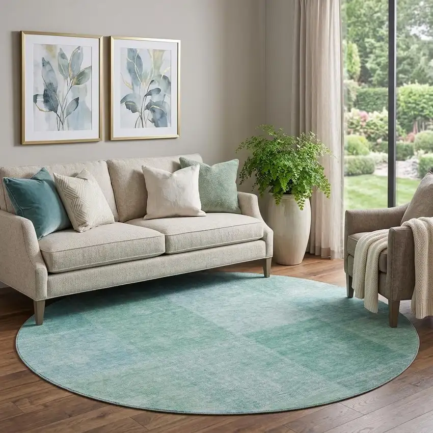 8' Teal And Ivory Patchwork Washable Round Rug With UV Protection Photo 1