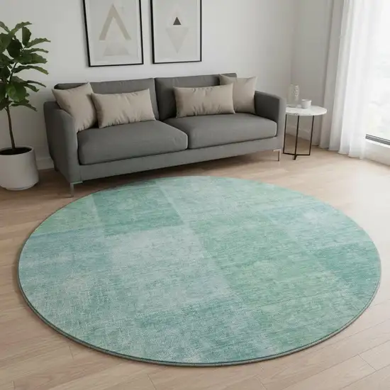 8' Teal And Ivory Patchwork Washable Round Rug With UV Protection Photo 2