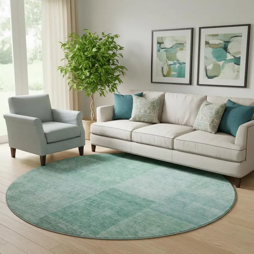 8' Teal And Ivory Patchwork Washable Round Rug With UV Protection Photo 1