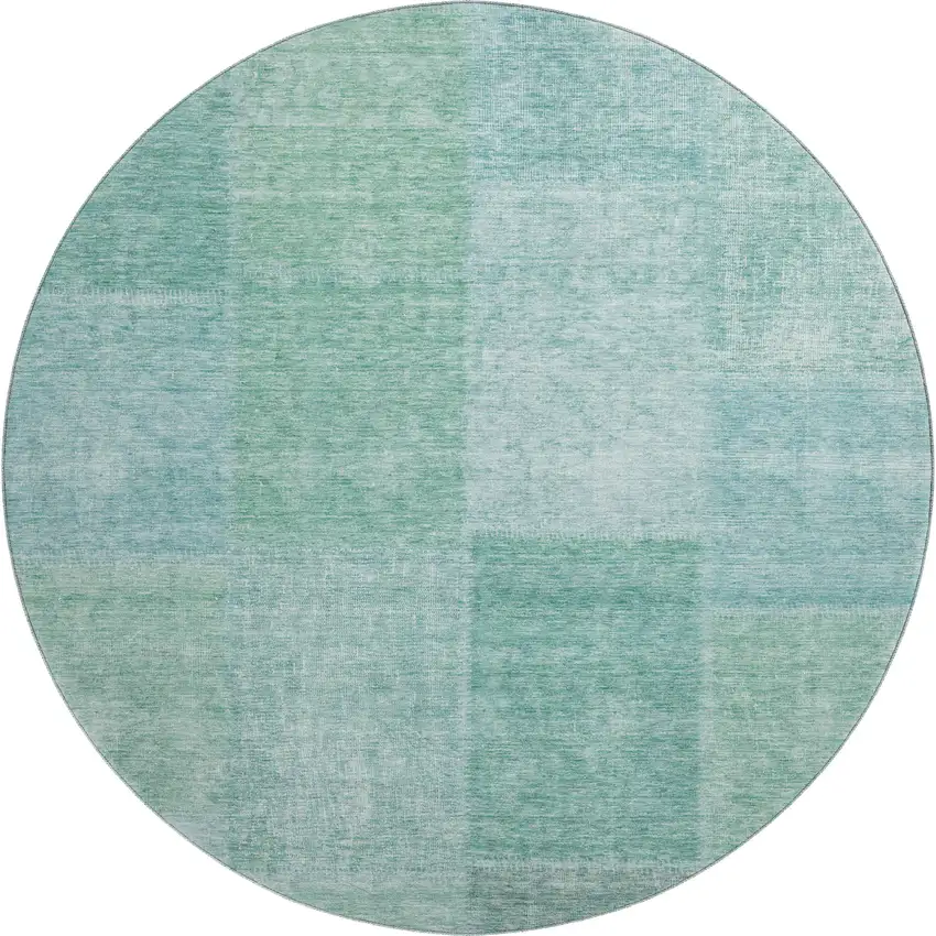 8' Teal And Ivory Patchwork Washable Round Rug With UV Protection Photo 1