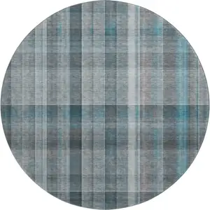 Photo of 8' Teal And Ivory Plaid Washable Round Rug With UV Protection