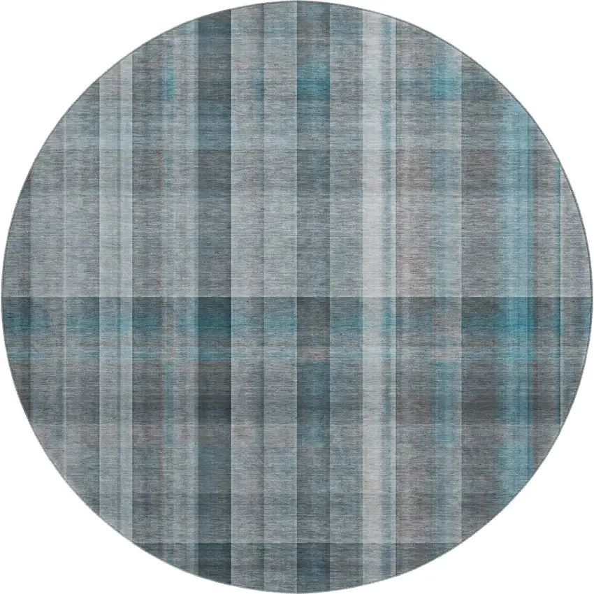 8' Teal And Ivory Plaid Washable Round Rug With UV Protection Photo 1