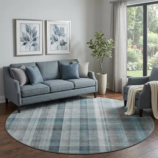 8' Teal And Ivory Plaid Washable Round Rug With UV Protection Photo 1