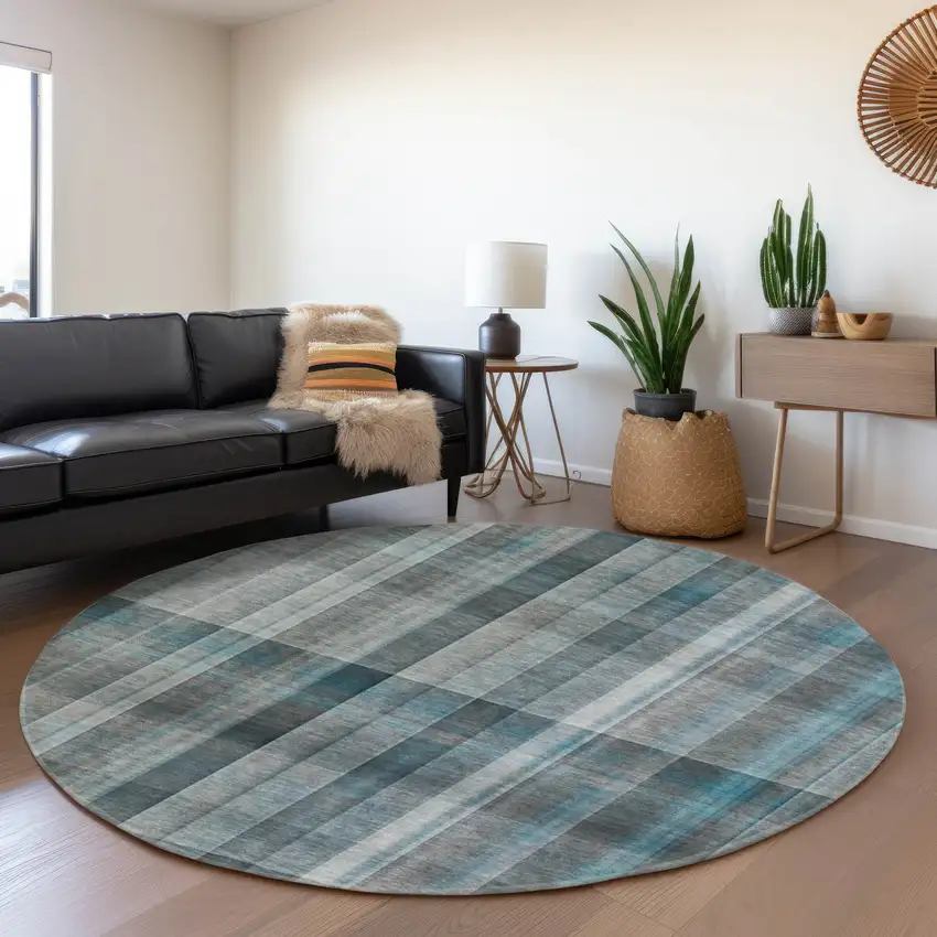 8' Teal And Ivory Plaid Washable Round Rug With UV Protection Photo 5