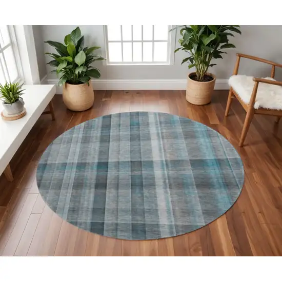 8' Teal And Ivory Plaid Washable Round Rug With UV Protection Photo 2