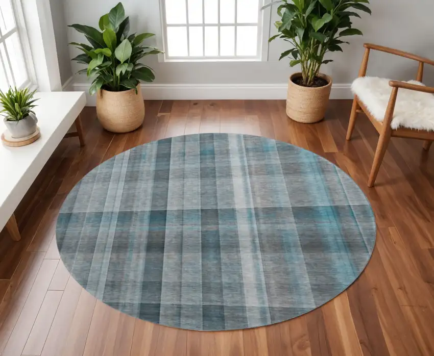 8' Teal And Ivory Plaid Washable Round Rug With UV Protection Photo 2