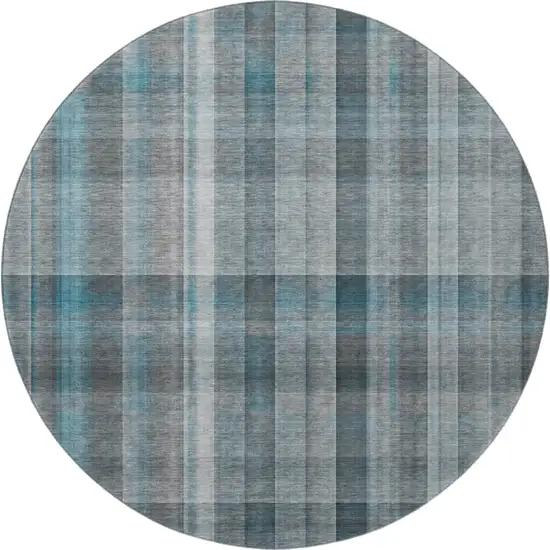 8' Teal And Ivory Plaid Washable Round Rug With UV Protection Photo 3