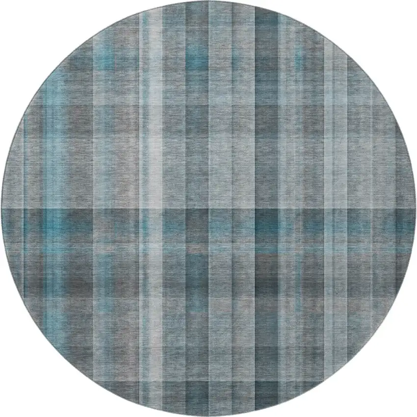 8' Teal And Ivory Plaid Washable Round Rug With UV Protection Photo 3