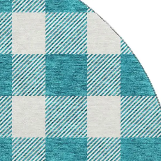 8' Teal And Ivory Plaid Washable Round Rug With UV Protection Photo 2