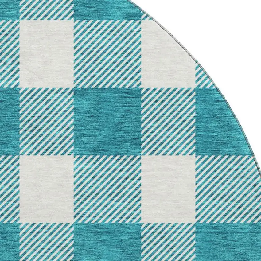 8' Teal And Ivory Plaid Washable Round Rug With UV Protection Photo 2