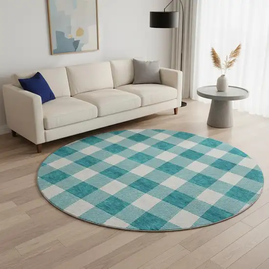 8' Teal And Ivory Plaid Washable Round Rug With UV Protection Photo 2
