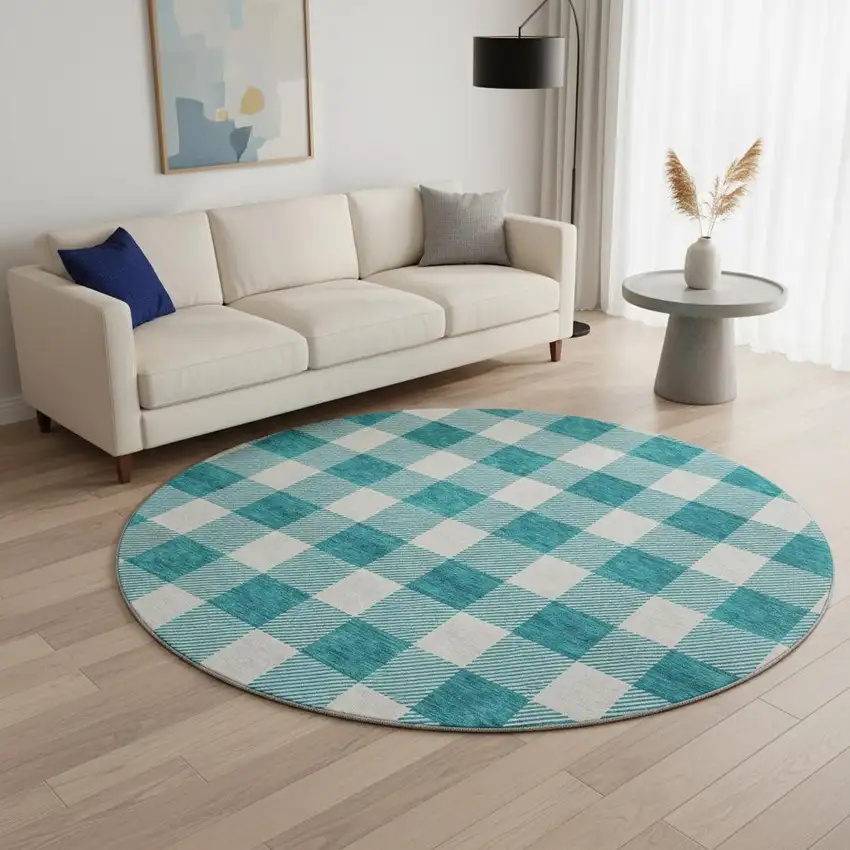 8' Teal And Ivory Plaid Washable Round Rug With UV Protection Photo 2