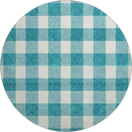 8' Teal And Ivory Plaid Washable Round Rug With UV Protection Photo 1