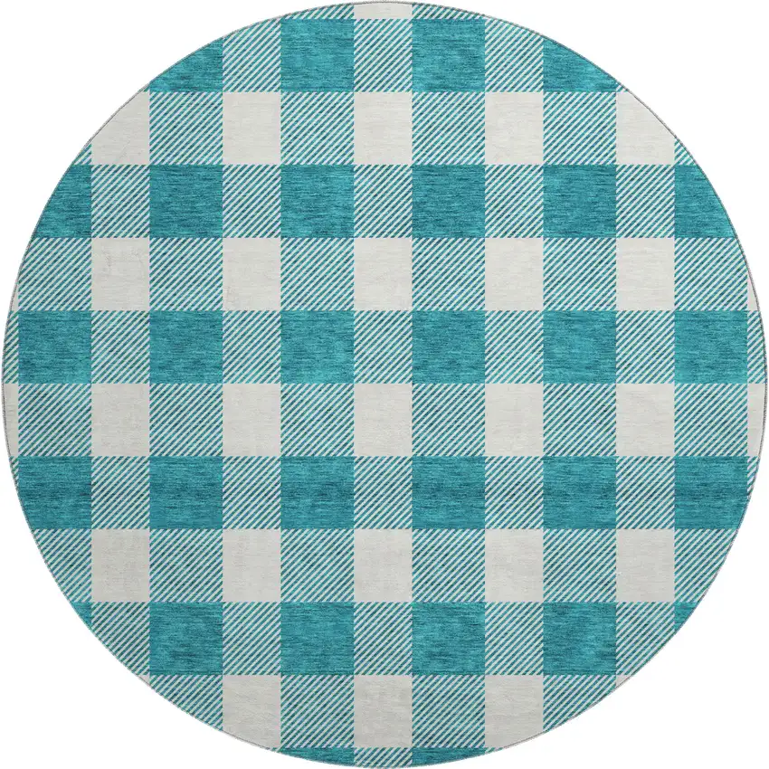 8' Teal And Ivory Plaid Washable Round Rug With UV Protection Photo 1