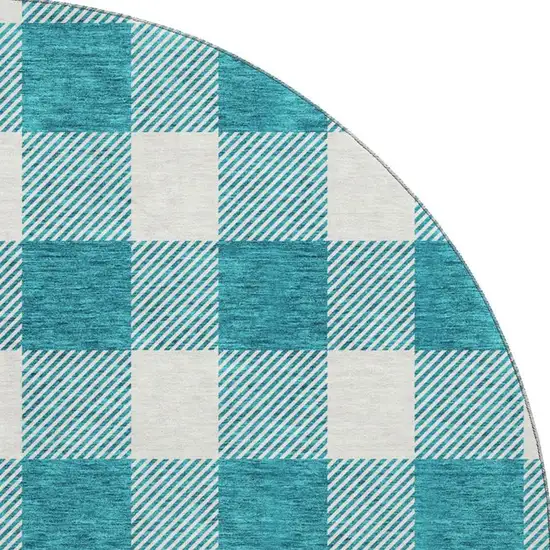 8' Teal And Ivory Plaid Washable Round Rug With UV Protection Photo 3
