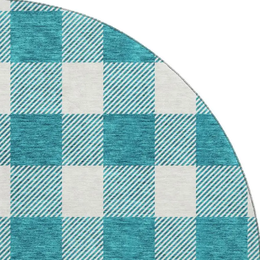 8' Teal And Ivory Plaid Washable Round Rug With UV Protection Photo 3
