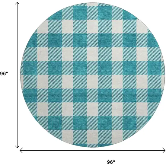 8' Teal And Ivory Plaid Washable Round Rug With UV Protection Photo 9