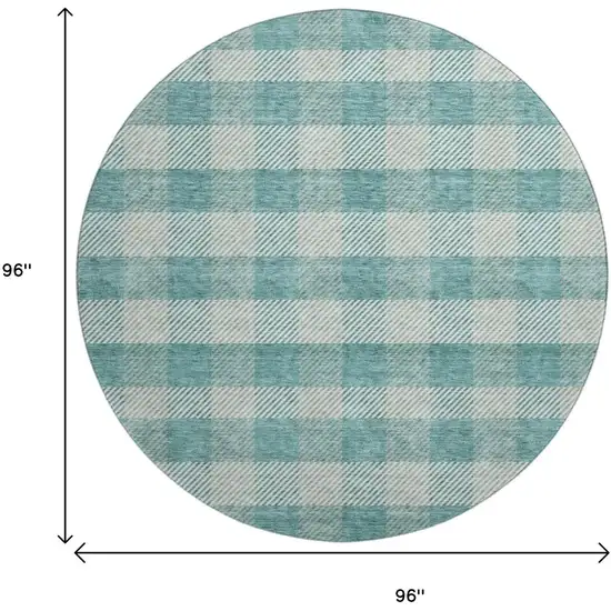 8' Teal And Ivory Plaid Washable Round Rug With UV Protection Photo 9