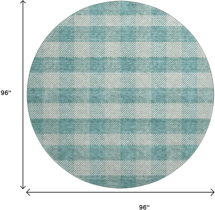 8' Teal And Ivory Plaid Washable Round Rug With UV Protection Photo 9