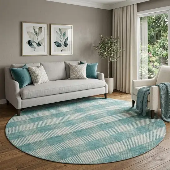 8' Teal And Ivory Plaid Washable Round Rug With UV Protection Photo 1