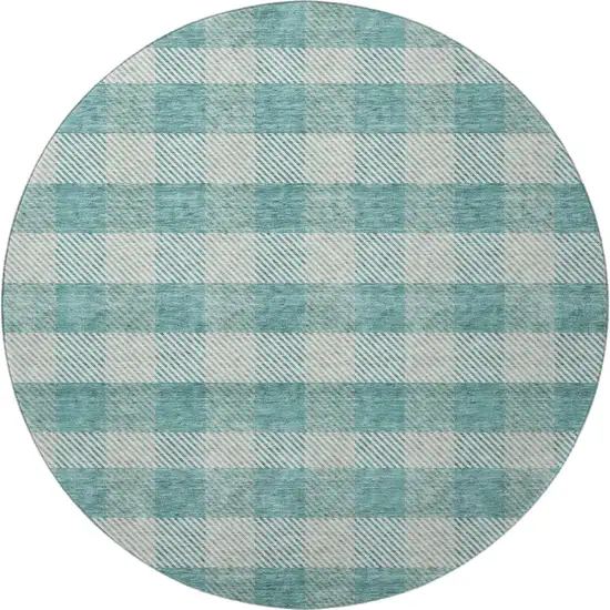 8' Teal And Ivory Plaid Washable Round Rug With UV Protection Photo 3
