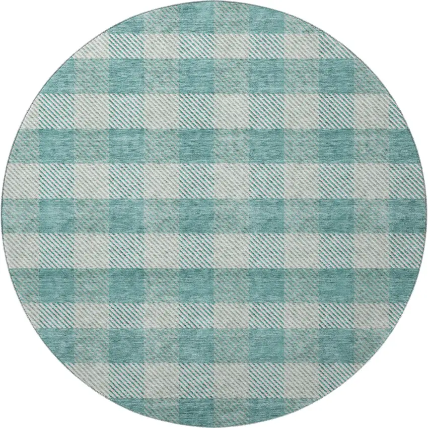 8' Teal And Ivory Plaid Washable Round Rug With UV Protection Photo 3
