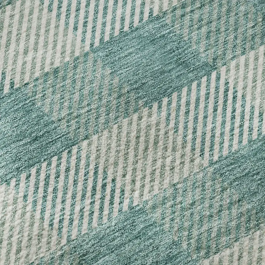 8' Teal And Ivory Plaid Washable Round Rug With UV Protection Photo 8