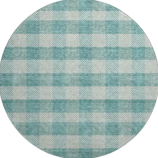 8' Teal And Ivory Plaid Washable Round Rug With UV Protection Photo 2