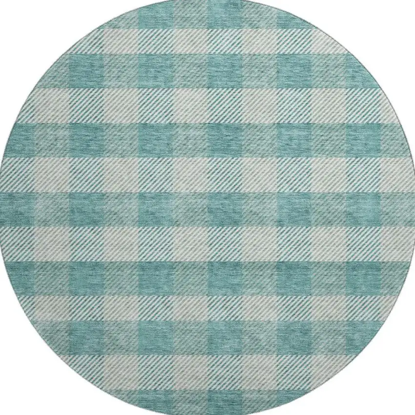 8' Teal And Ivory Plaid Washable Round Rug With UV Protection Photo 2