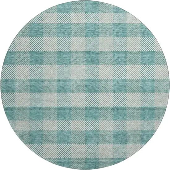 8' Teal And Ivory Plaid Washable Round Rug With UV Protection Photo 1