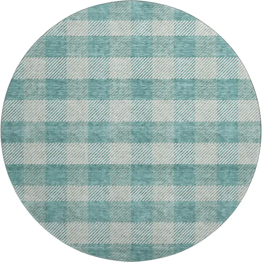 8' Teal And Ivory Plaid Washable Round Rug With UV Protection Photo 1
