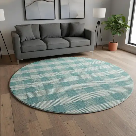 8' Teal And Ivory Plaid Washable Round Rug With UV Protection Photo 2