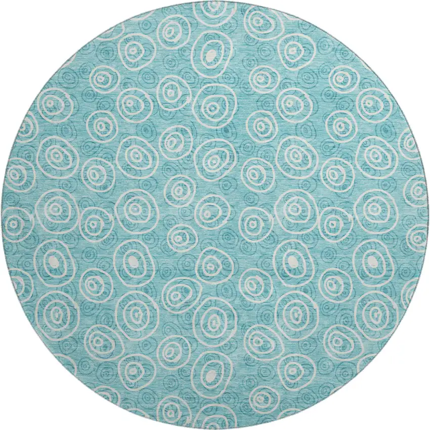 8' Teal And Ivory Polka Dot Washable Round Rug With UV Protection Photo 1