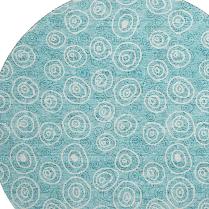 8' Teal And Ivory Polka Dot Washable Round Rug With UV Protection Photo 3