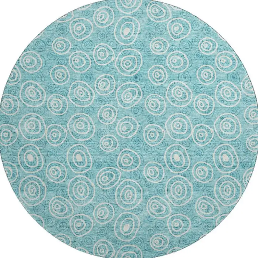 8' Teal And Ivory Polka Dot Washable Round Rug With UV Protection Photo 4