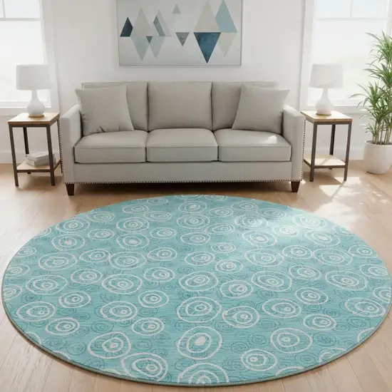 8' Teal And Ivory Polka Dot Washable Round Rug With UV Protection Photo 2