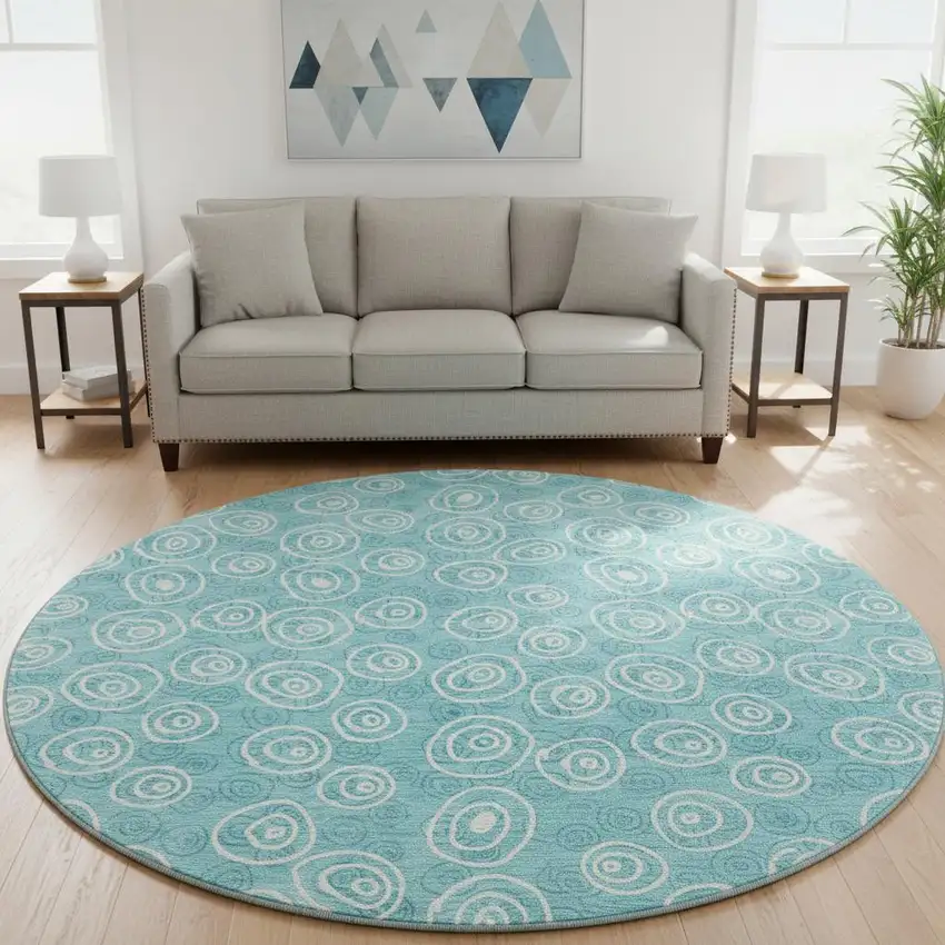 8' Teal And Ivory Polka Dot Washable Round Rug With UV Protection Photo 2